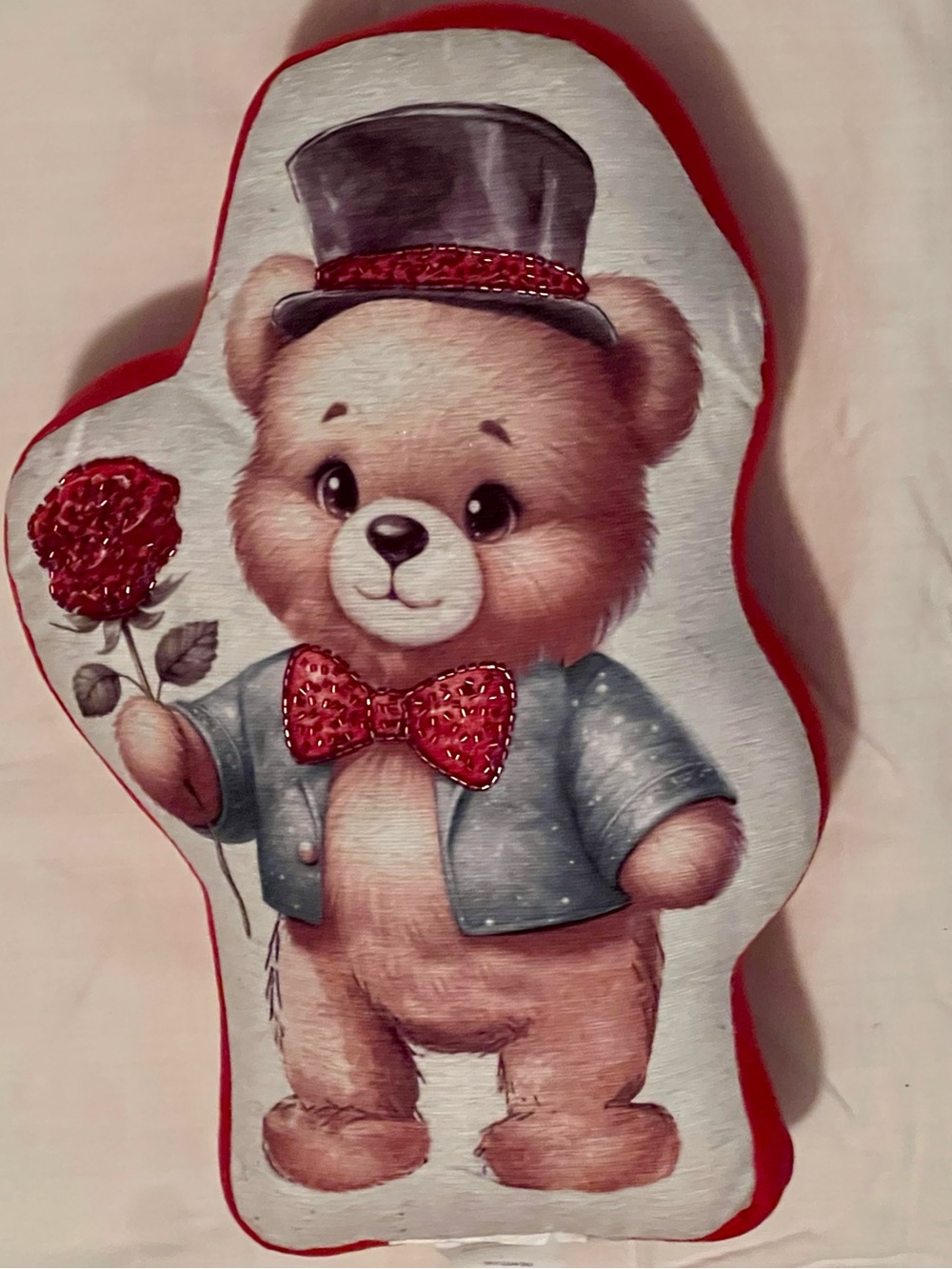 Plush Teddy Bear Accent Pillow in Red with Top Hat Design